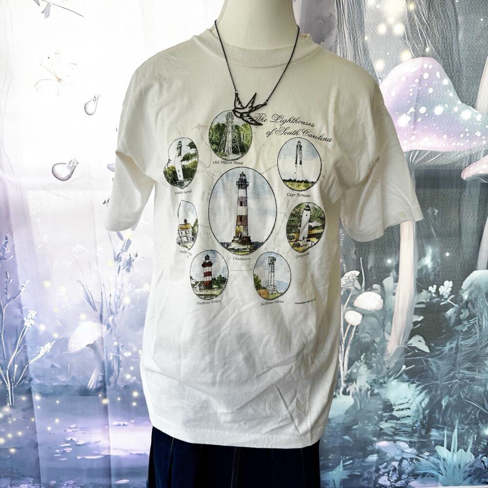 VTG 90s Lighthouses South Carolina Tshirt Sz L USA granny Single Stitch Nautical